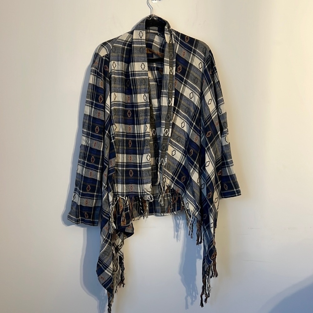 En Creme Blue Blue Plaid Open Front Crinkle Draped Fringe Cardigan M ♣️